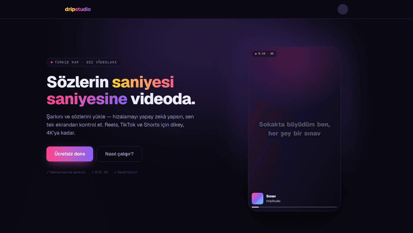 DripStudio vitrin ekranı ve dikey video önizleme